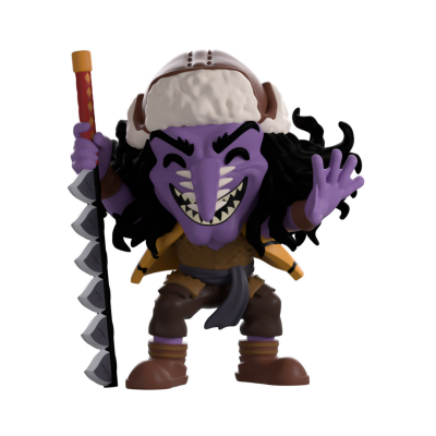 Figura Funko Pop de personagem roxo com cajado e capacete