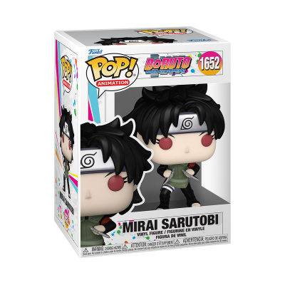 Figura Funko Pop! Mirai Sarutobi de vinil dentro de caixa branca e colorida