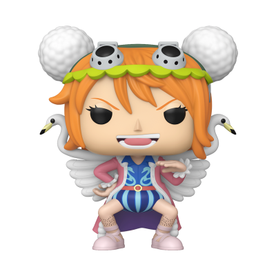 Boneco Funko Pop com cabelo laranja, óculos verdes e detalhes brancos com patos nas costas