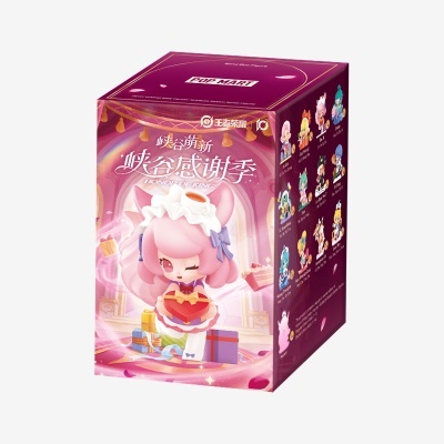 Caixa de colecionável POP MART com figura de boneca rosa e lista de figuras colecionáveis