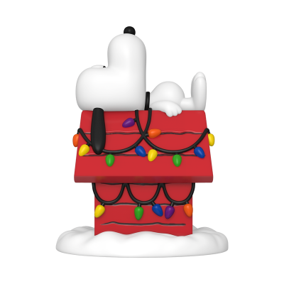 Figura de Snoopy deitado em casota vermelha com luzes de Natal coloridas e neve artificial.
