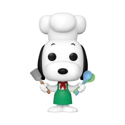 Figura Funko Pop do Snoopy vestido de chef com avental verde e segurando utensílios de cozinha