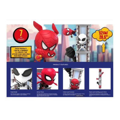 Brinquedo colecionável Spider-Man com construção modular e texto informativo.