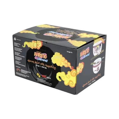 Caixa preta com desenho amarelo e laranja e texto Naruto Ramen Bowl with Chopsticks