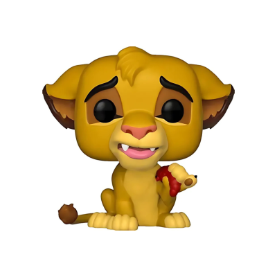 Figura Funko Pop de Simba, leão amarelo com olhos grandes e segurando figura vermelha