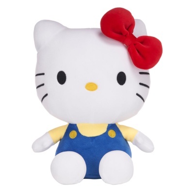 Boneco de peluche da Hello Kitty com laço vermelho e roupa azul e amarela