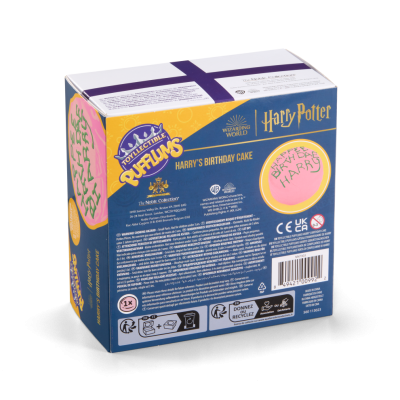 Caixa de produto Harry Potter com texto 'Harry's Birthday Cake' e 'BIRTHDAY HARRY' em cores azul, amarelo e roxo