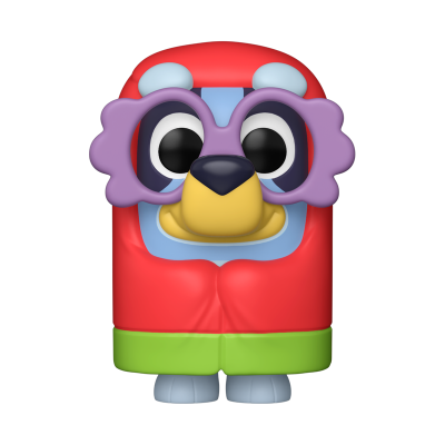 Boneco animado tipo urso com óculos roxos e casaco vermelho com verde