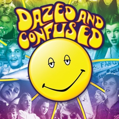 Pôster colorido com texto DAZED AND CONFUSED e várias fotos de jovens em estilo anos 70