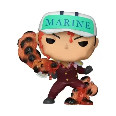 Figura Funko Pop personagem anime com boné MARINE e maça de fogo preto e vermelho