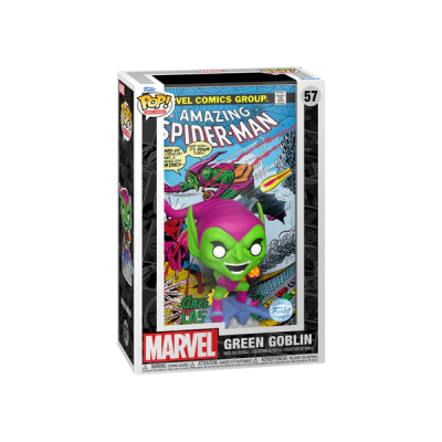 Embalagem POP! Marvel Green Goblin com comic book Amazing Spider-Man ao fundo