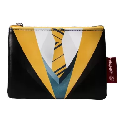 Bolsa estampada com padrão de fato e gravata em tons amarelo, preto e azul, com zíper e etiqueta vermelha HARRY POTTER™.