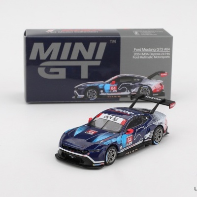 Miniatura de Ford Mustang GT3 azul com grafismos coloridos e caixa Mini GT