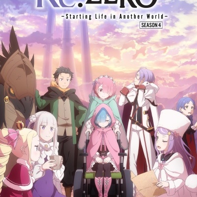 Imagem promocional do anime Re:ZERO com personagens em roupas coloridas e texto do título da série