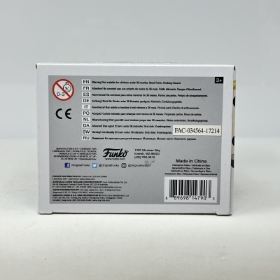 Caixa branca com texto de segurança multilíngue, código, logotipo Funko e código de barras