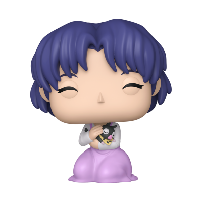 Figura Funko Pop com cabelo azul roxo, roupa branca e saia rosa, segurando brinquedo preto