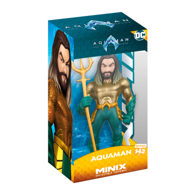 Figurinha colecionável Aquaman com tridente em caixa azul e laranja
