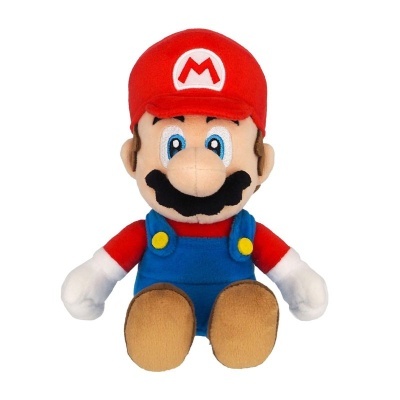 Peluche do personagem Mario com chapéu vermelho e macacão azul