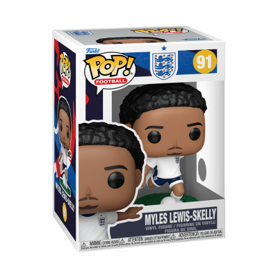 Figura Funko Pop! Football Myles Lewis-Skelly com uniforme branco azul em caixa