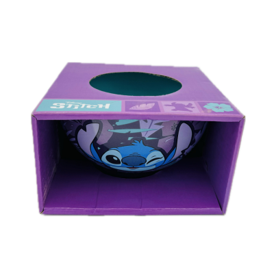 Tigela de cerâmica com personagem Stitch em caixa roxa