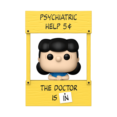 Figura Funko Pop de Lucy em cabine amarela com texto PSYCHIATRIC HELP 5¢