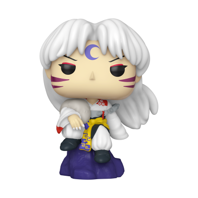Figura colecionável estilo Funko Pop com cabelo branco e roupas brancas sentada numa base roxa