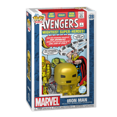 Boneco Funko Pop! Iron Man dourado dentro de caixa com ilustração dos Avengers