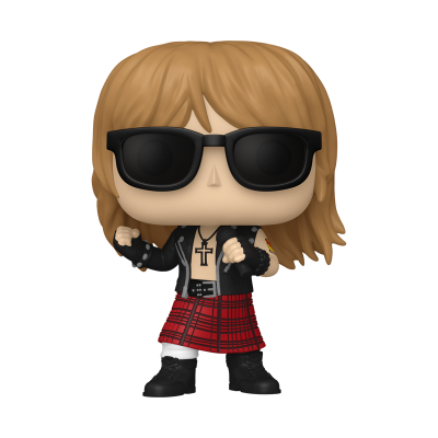Figura Funko Pop com cabelo loiro, jaqueta preta e saia xadrez vermelha