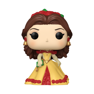 Figura Funko Pop com vestido amarelo e vermelho e cabelo castanho com coroas de rosas