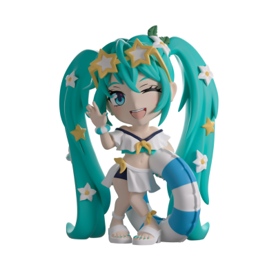Figura de ação de personagem feminina com cabelo azul-turquesa em rabo de cavalo duplo