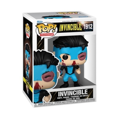 Figura Funko POP! Invincible com máscara azul e hematomas na embalagem