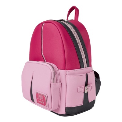 Mochila compacta rosa e preta com bolso frontal e fecho de correr