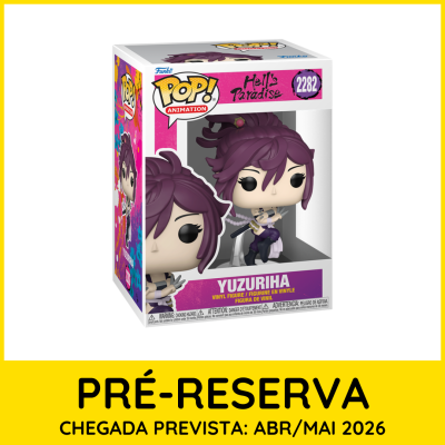Funko POP! Yuzuriha Hells Paradise na caixa com fundo amarelo de pré-reserva e data prevista.