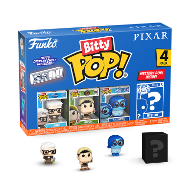 Caixa azul Funko Pop Bitty Pixar com 4 figuras colecionáveis e embalagem incluindo figura misteriosa