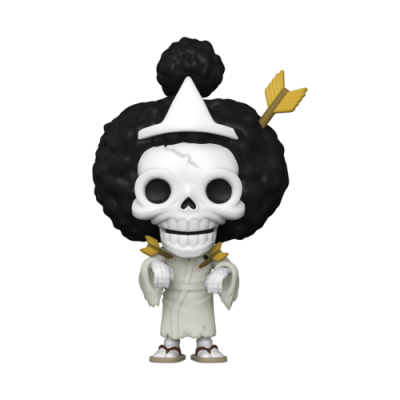 Figura colecionável de esqueleto com cabelo black afro, chapéu branco e setas amarelas