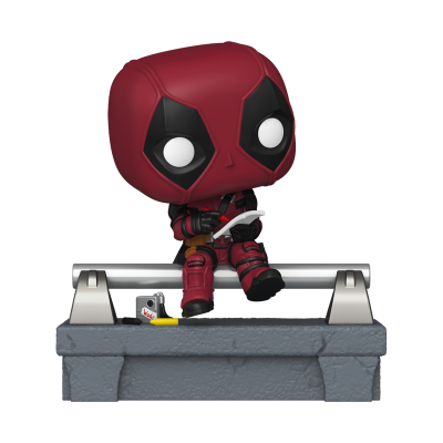 Figura Funko Pop do Deadpool sentado num corrimão, base de pedra cinzenta, isqueiro com texto Wade