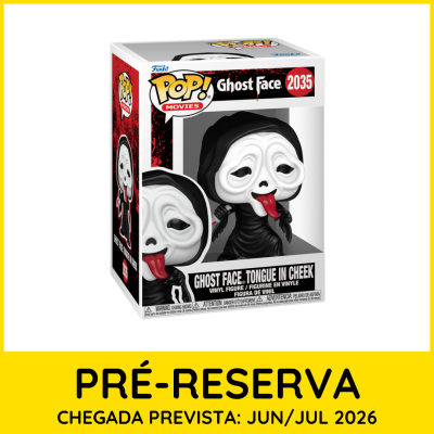 Figura Funko Pop! Ghost Face Tongue In Cheek em embalagem branca com detalhes vermelhos e pretos