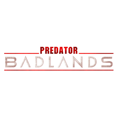 Texto PREDATOR BADLANDS em vermelho e cinza claro com linhas vermelhas