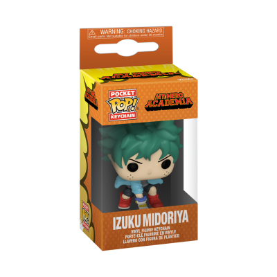 Chaveiro figura de vinil Izuku Midoriya em caixa laranja My Hero Academia.