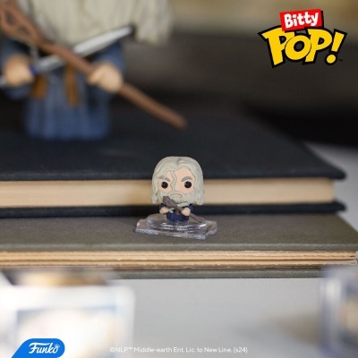 Mini figura Funko Bitty Pop! personagem com cabelo branco sobre livros