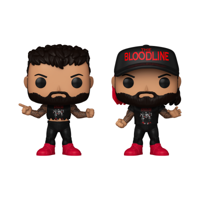 Dois bonecos Funko Pop com roupas pretas e botas vermelhas, um com boné THE BLOODLINE