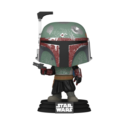 Figurinha colecionável Funko Pop de Boba Fett de Star Wars com capacete verde e vermelho