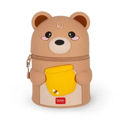 Estojo em forma de urso castanho claro com pote amarelo SUPER KAWAII e etiqueta LEGAMI MILANO