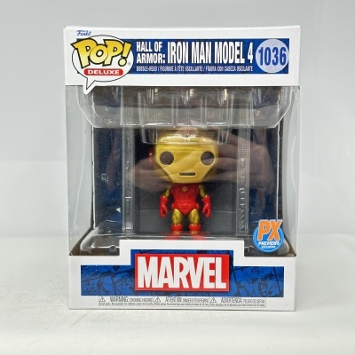 Figura Pop! Deluxe Marvel Iron Man Model 4 em caixa transparente.