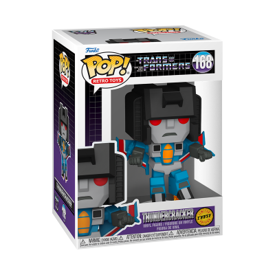 Boneco Funko Pop Thundercracker Transformers azul e cinza em embalagem
