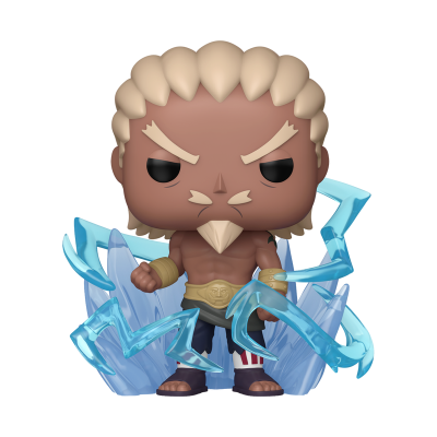 Figura Funko Pop personagem masculino com cabelo loiro, braceletes dourados e elementos azuis de gelo e raios