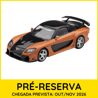 Miniatura de carro desportivo preto e laranja com aerofólio e jantes prateadas