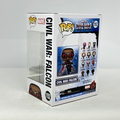 Caixa Funko Pop! Marvel Civil War Falcon com janela transparente e arte colorida