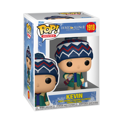 Figura de vinil Pop! do Kevin de Home Alone 2 com gorro azul e casaco verde na caixa