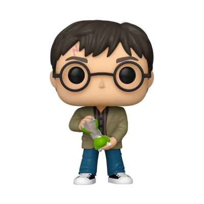 Figura colecionável estilo Funko Pop de personagem masculino com óculos e objeto verde.